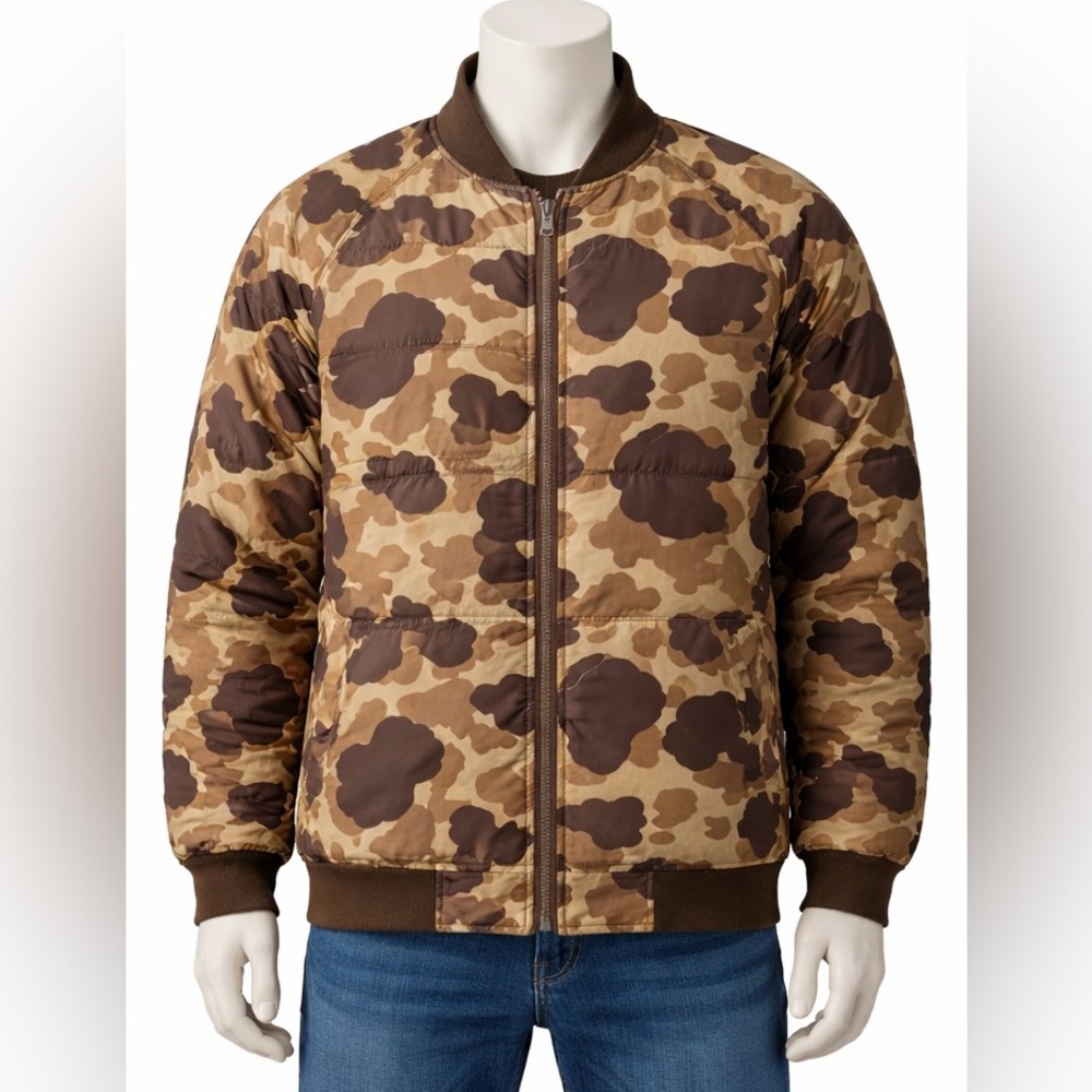 Men’s Large Reversible Camo Puffer Jacket Brown Solid Side Zip Front Winter Coat